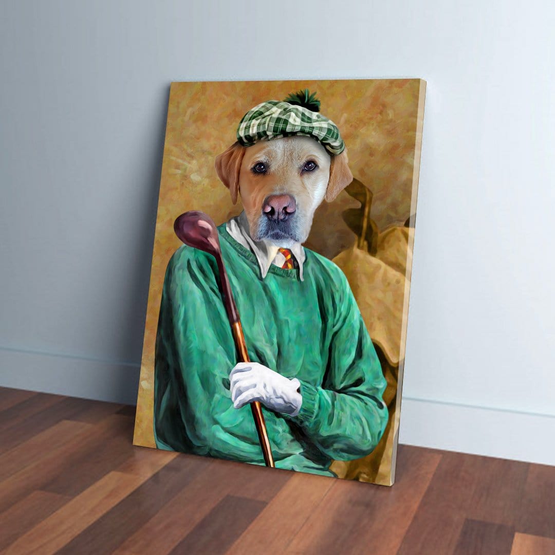 Personalized pet canvas featuring a Labrador dog dressed as a golfer in a green sweater and plaid cap.