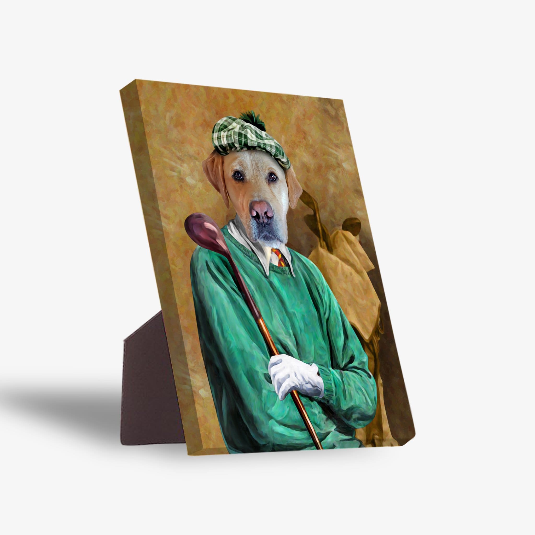Personalized pet standing canvas featuring a dog's head on a golfer's body in a green sweater and plaid hat.