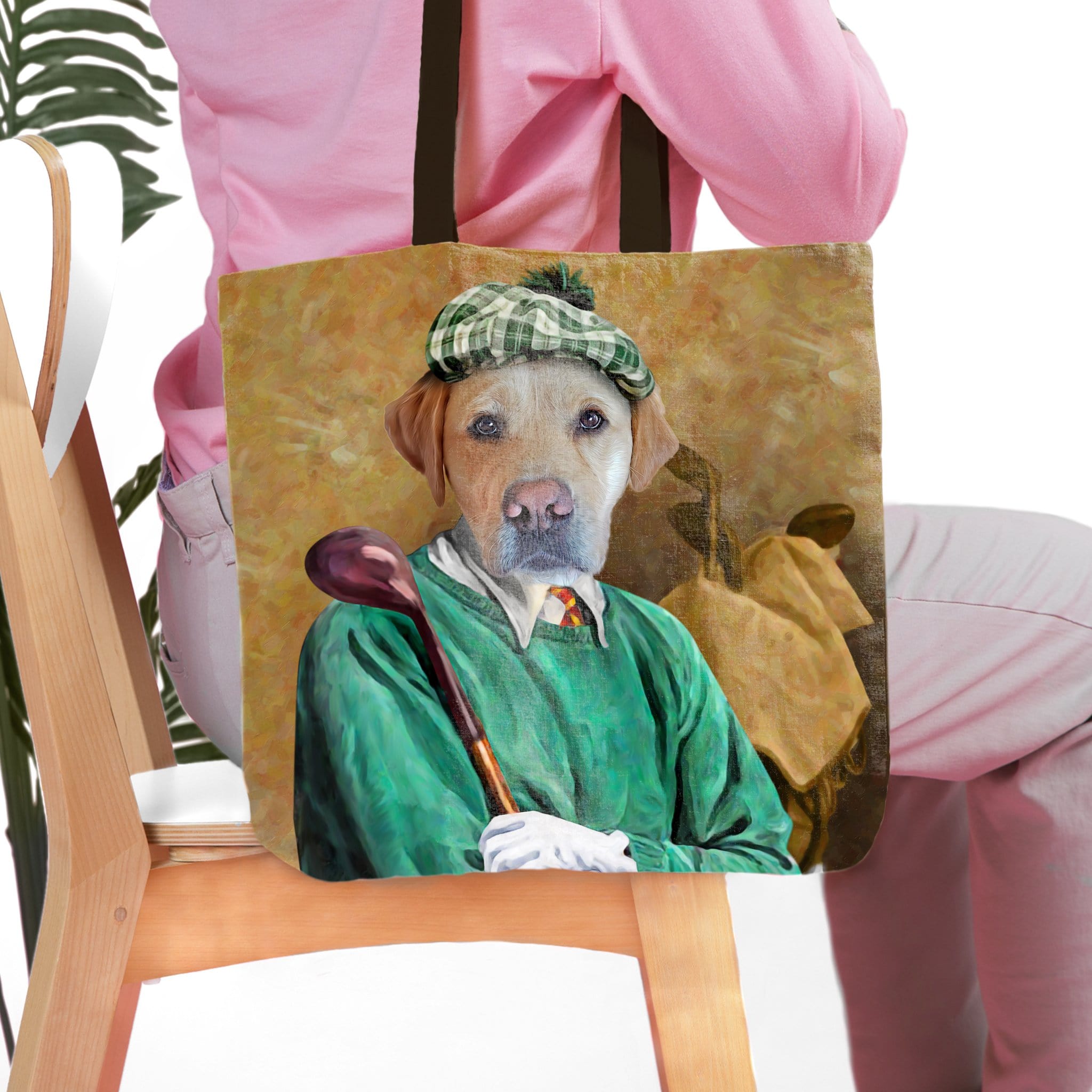 Personalized Golfer Tote Bag with a custom Labrador pet portrait in a green outfit.