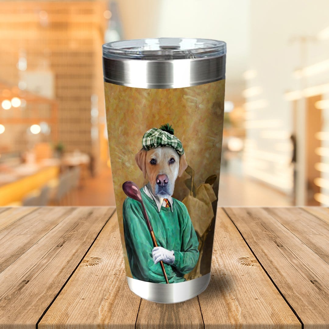 Personalized stainless steel tumbler with a custom portrait of a yellow lab dog dressed as a golfer.