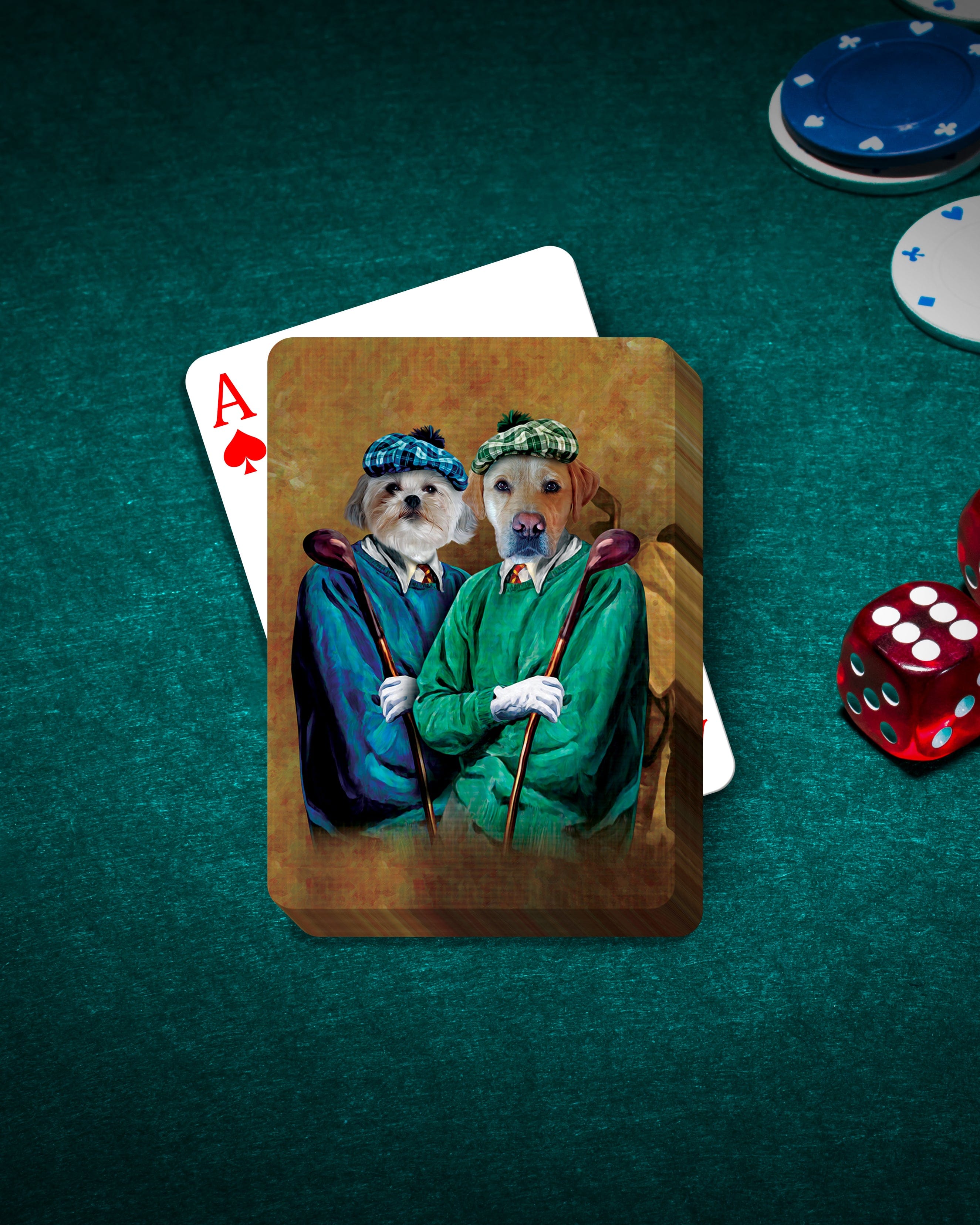 Personalized playing cards featuring two pets as golfers in renaissance-style portraits on a green felt table.