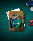 Personalized playing cards featuring two pets as golfers in renaissance-style portraits on a green felt table.