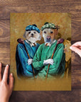 Personalized 2-pet golf portrait puzzle featuring a Shih Tzu and Labrador in renaissance-style attire.