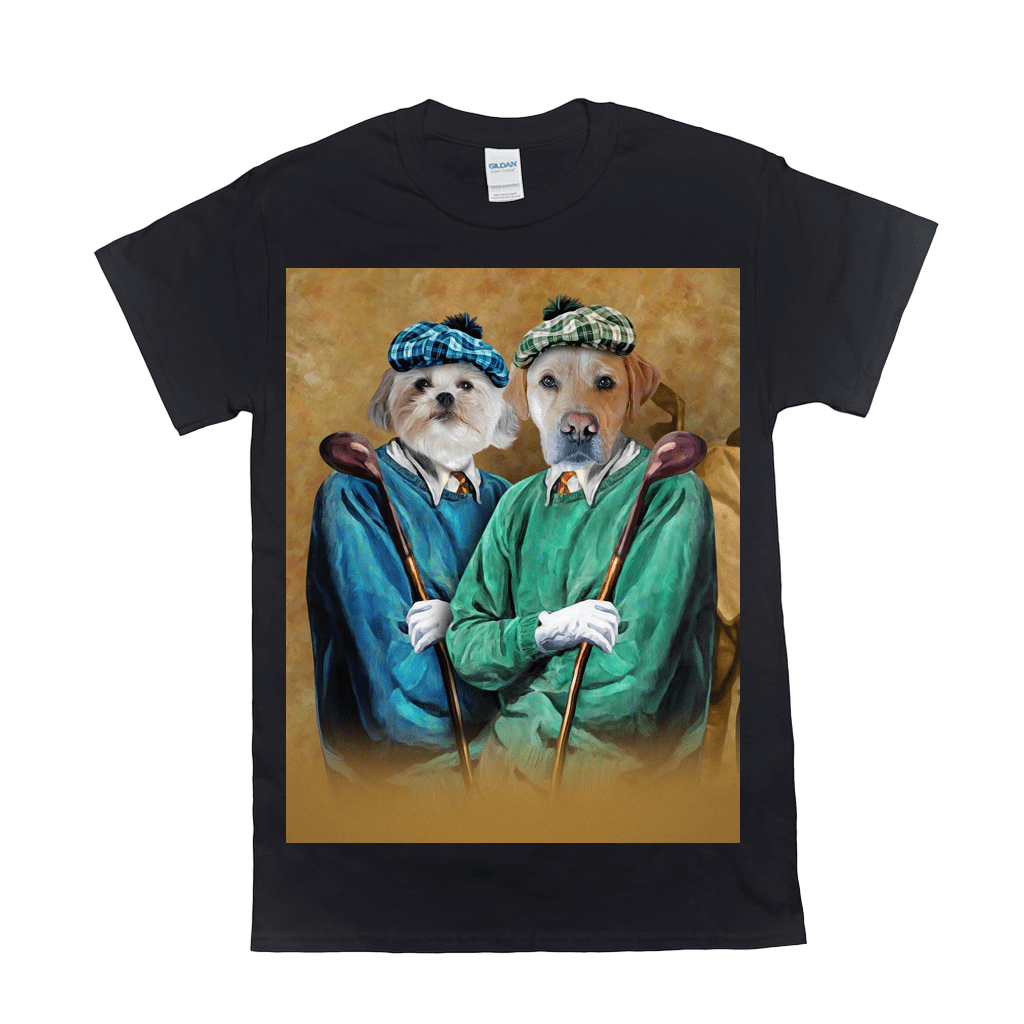 Black Gildan t-shirt featuring a custom portrait of two pets dressed as golfers in blue and green sweaters.