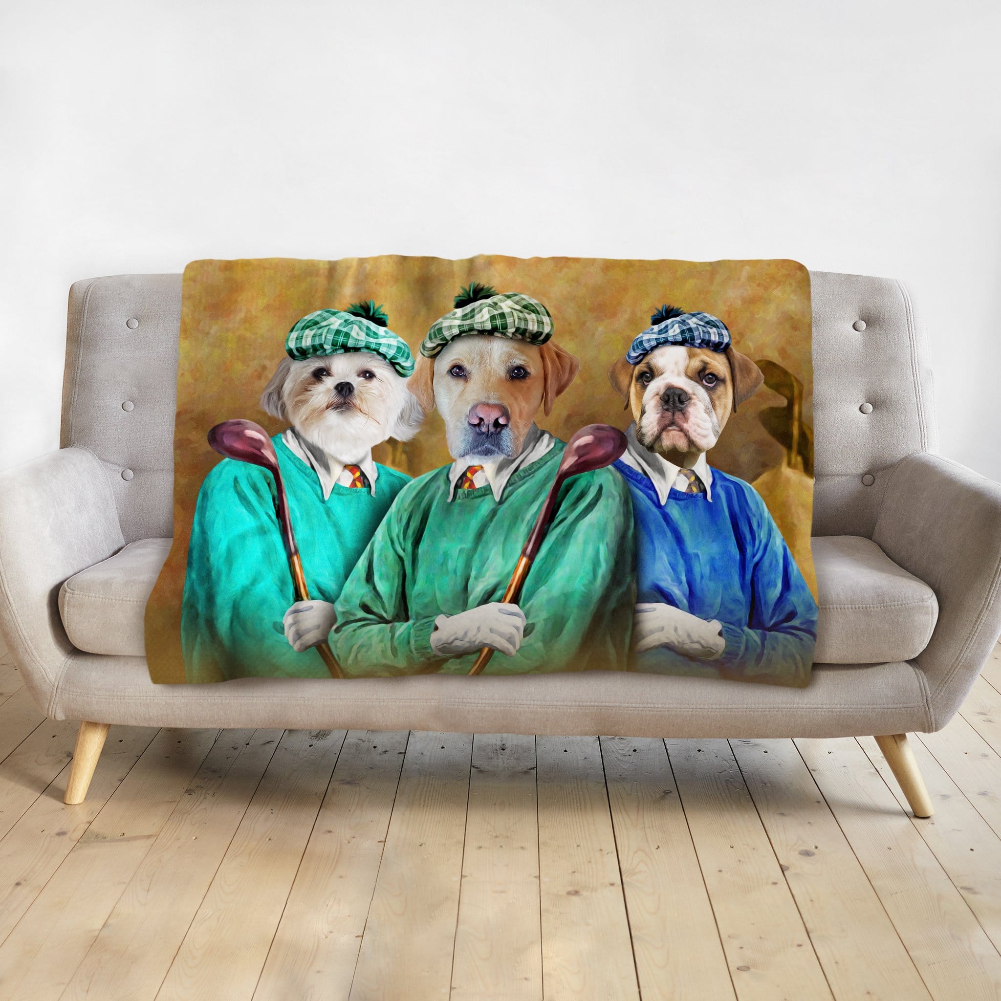 Personalized custom blanket with three pets as golfers in renaissance-style portraits.