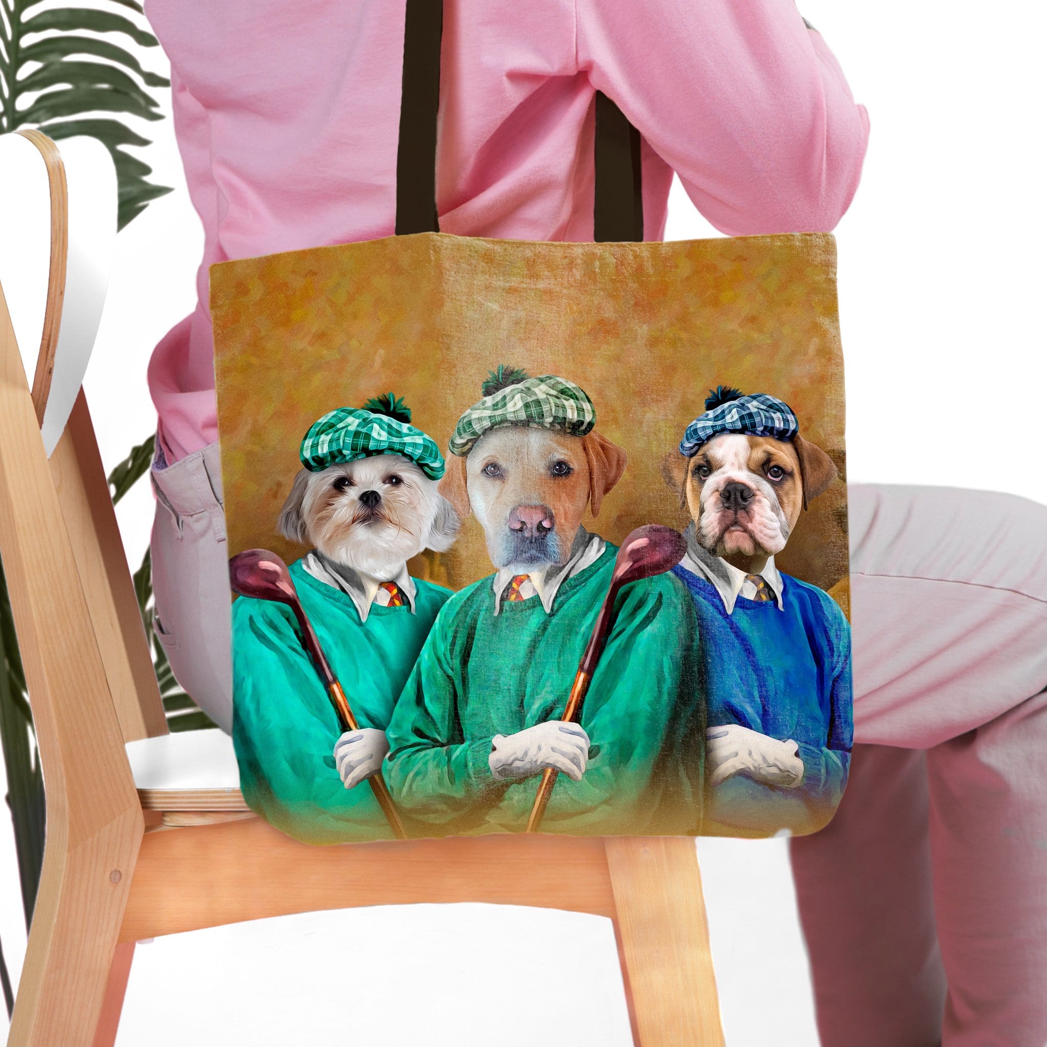 Personalized 3-pet tote bag featuring dogs in "The Golfers" renaissance portrait style.