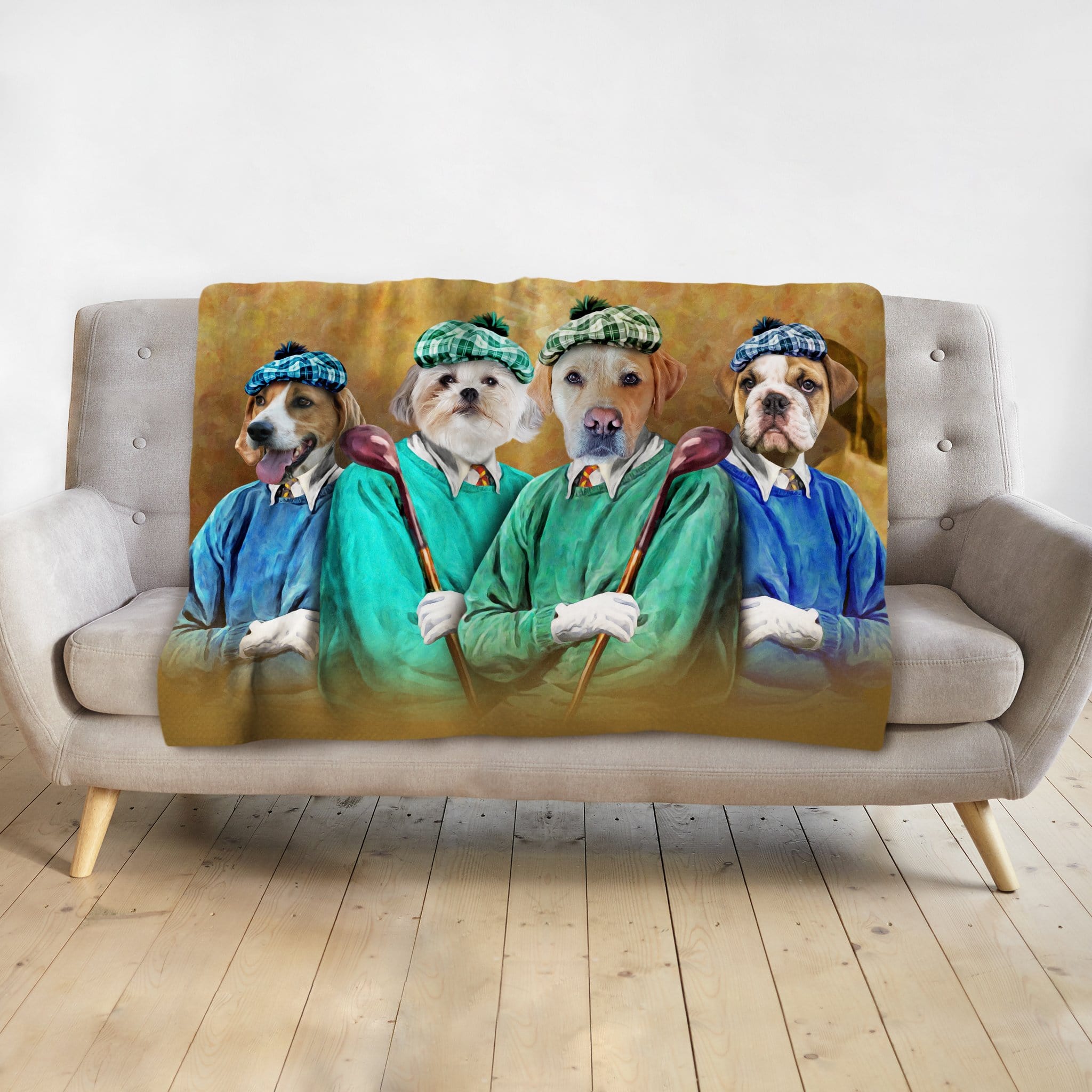 Personalized pet blanket with four dogs in renaissance golfer portraits, featuring blue and green outfits.