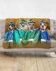 Personalized pet blanket with four dogs in renaissance golfer portraits, featuring blue and green outfits.
