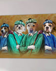 Four personalized pet portraits on canvas, depicting dogs as golfers in green and blue sweaters with plaid hats.
