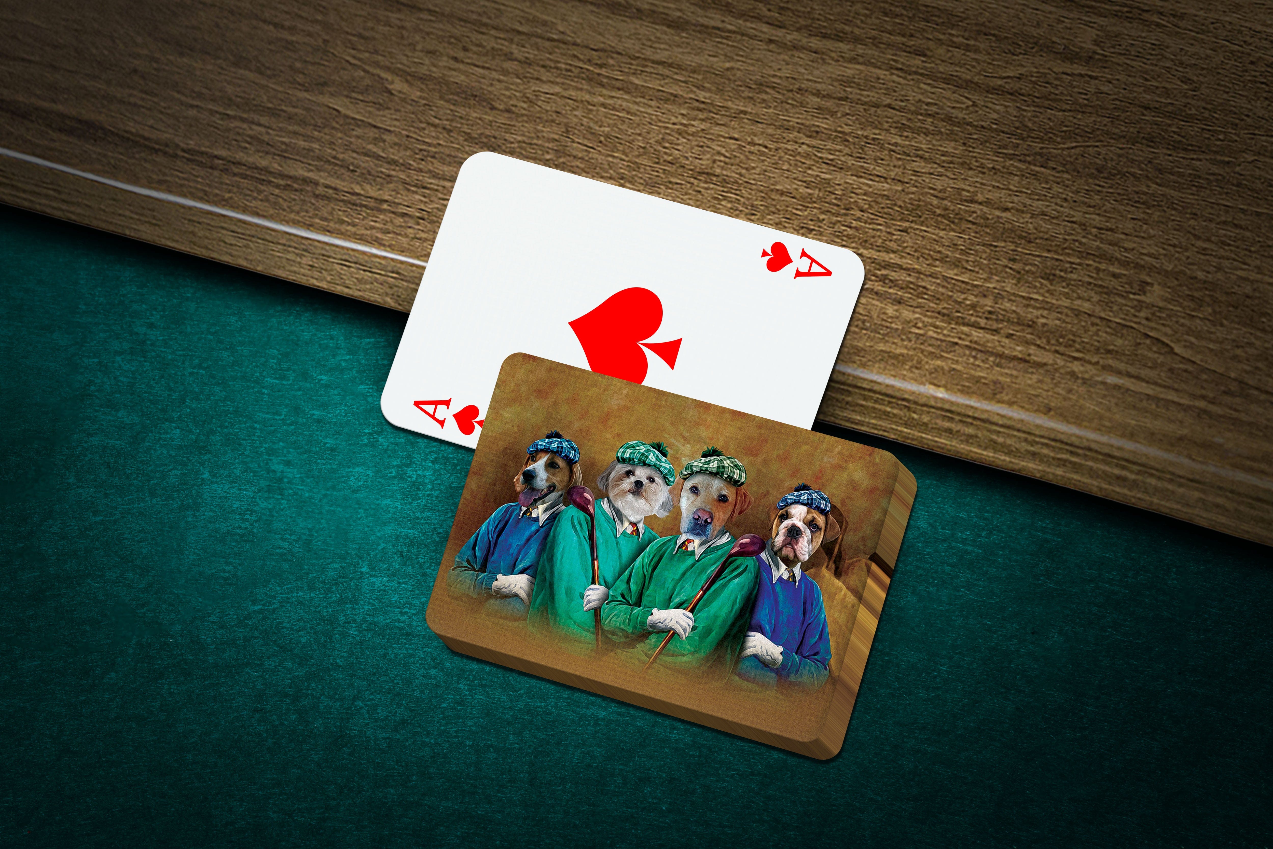 Personalized playing cards featuring four pets in "The Golfers" renaissance portrait style.