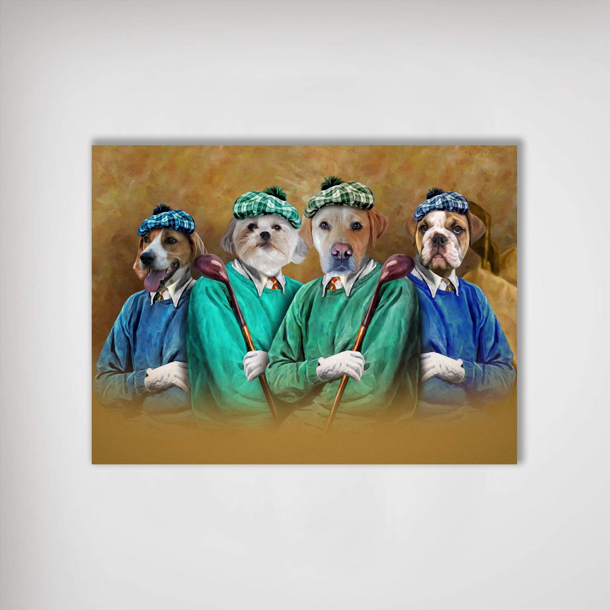 Personalized 'The Golfers' poster featuring four pets as golfers in blue and green sweaters and plaid hats.
