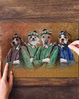 Personalized 4-pet puzzle featuring dogs in vintage golfer attire, being assembled on a wooden table.