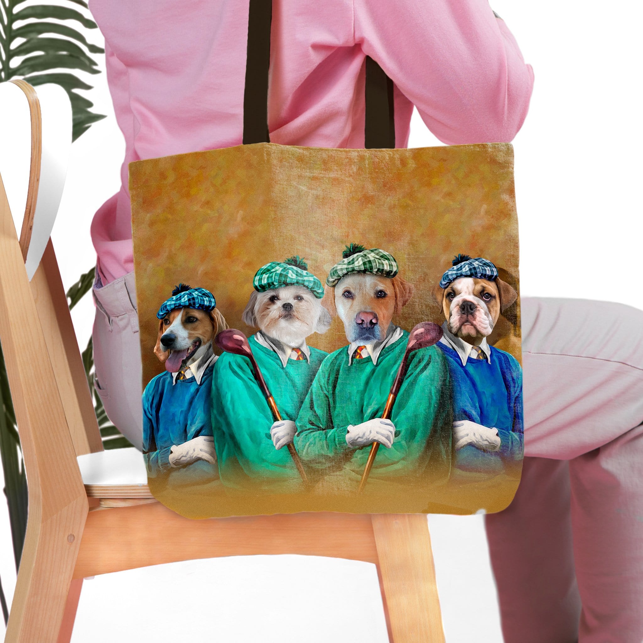 Personalized 'The Golfers' tote bag featuring four custom pet portraits in vintage golf attire.