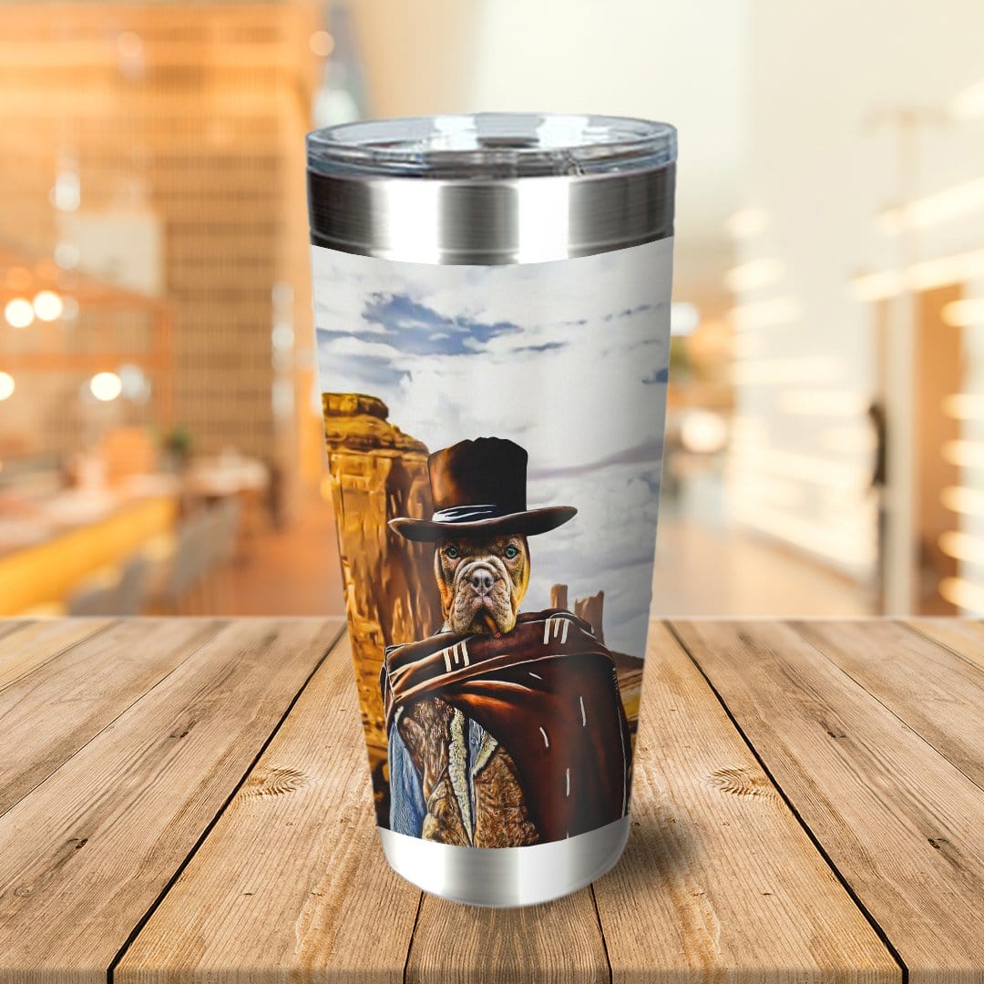 Personalized stainless steel tumbler with a dog in a cowboy hat and poncho against a desert background.