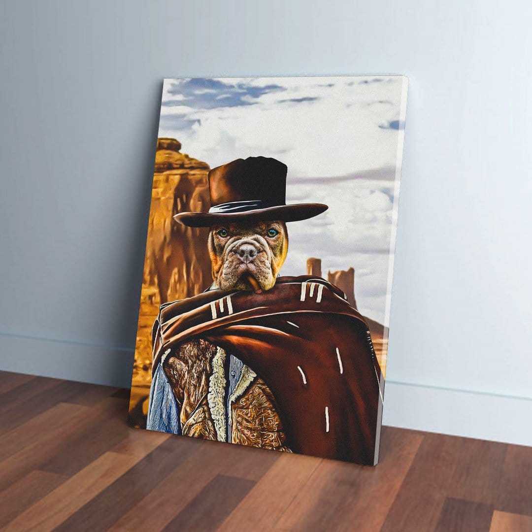 Personalized pet canvas featuring a bulldog in a brown cowboy hat and poncho against a desert backdrop.
