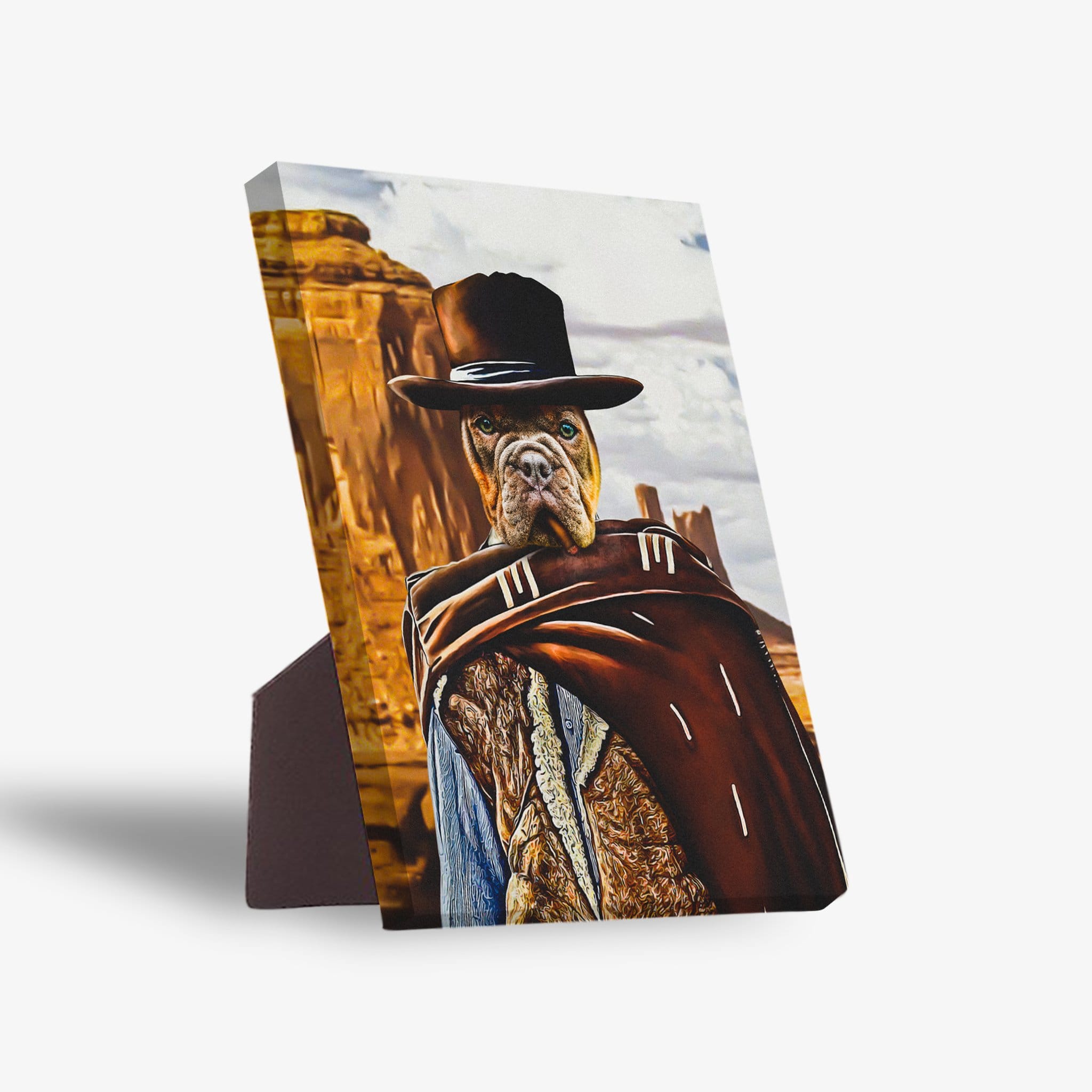 Personalized pet canvas featuring a dog dressed as a cowboy, standing in a desert landscape.