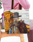Personalized tote bag with a custom pet portrait of a dog dressed as a cowboy in a desert landscape.
