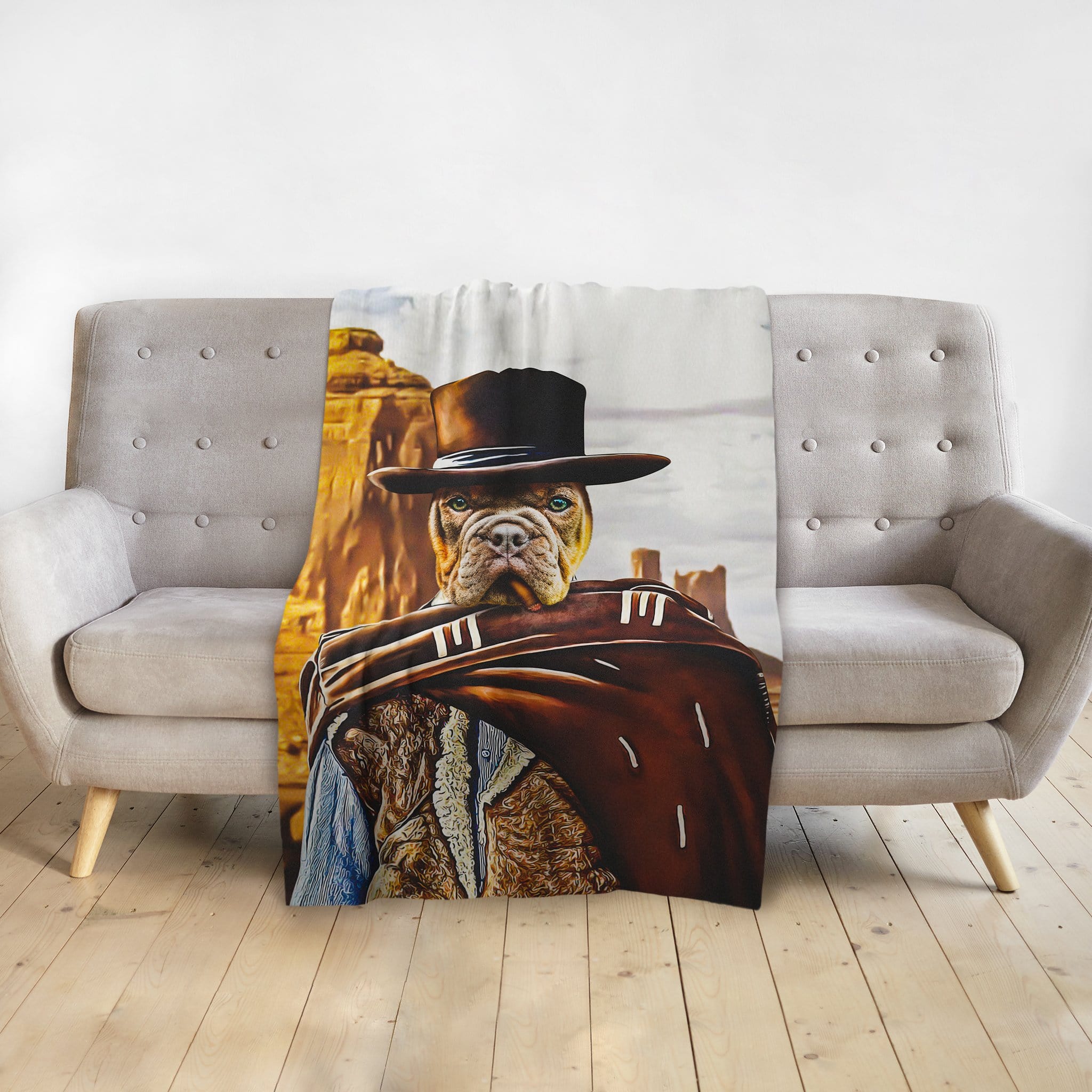 Personalized pet blanket with a dog in a western "The Good, the Bad and the Fury" portrait style.