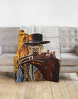 Personalized pet blanket with a dog in a western "The Good, the Bad and the Fury" portrait style.