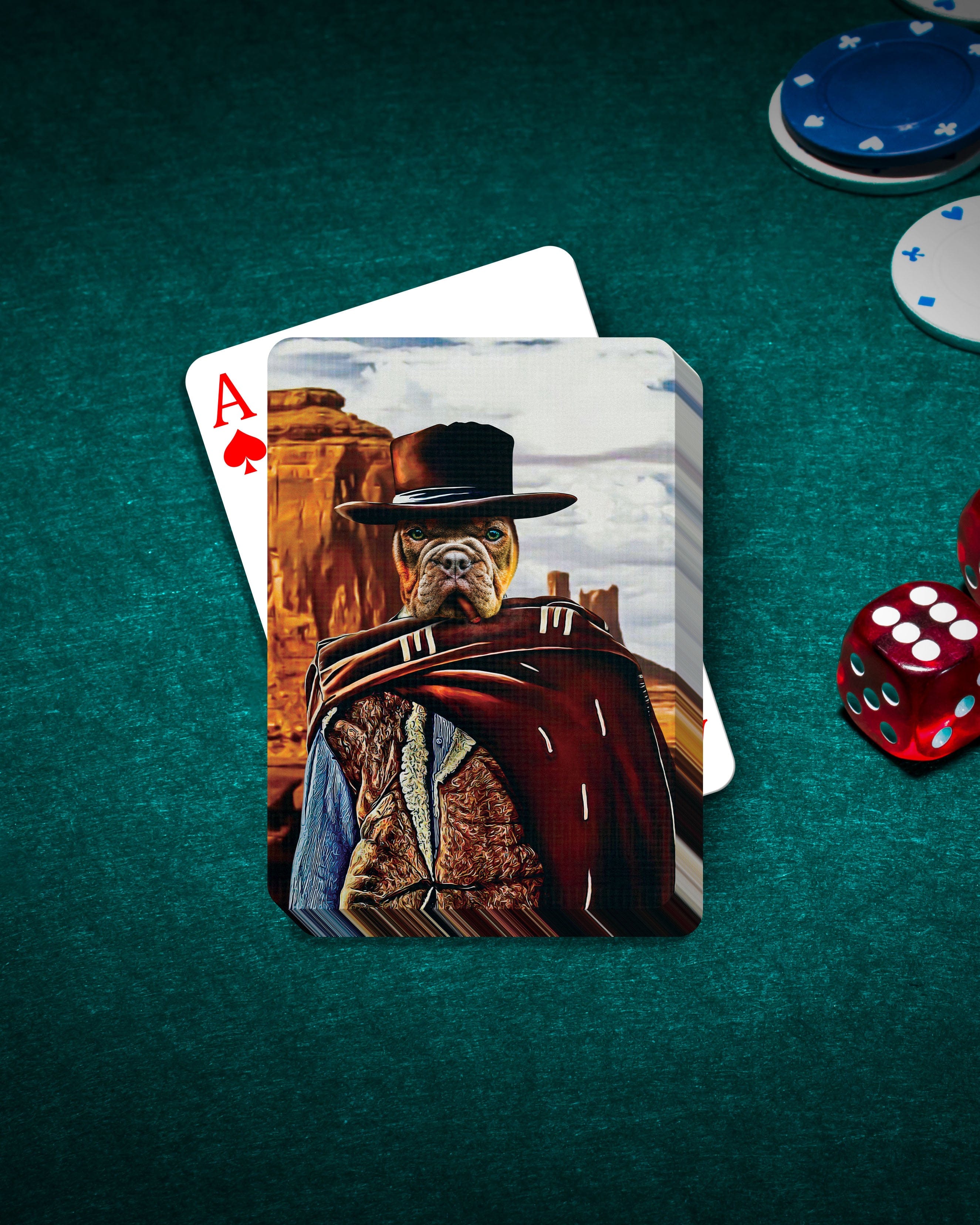 Personalized playing cards featuring a dog in a Western-style portrait, on a green felt table with poker chips and dice.