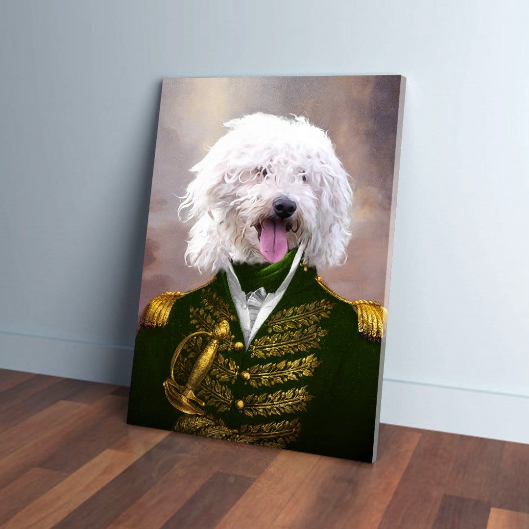 Personalized pet canvas featuring a white fluffy dog in a green admiral's uniform with gold detailing.