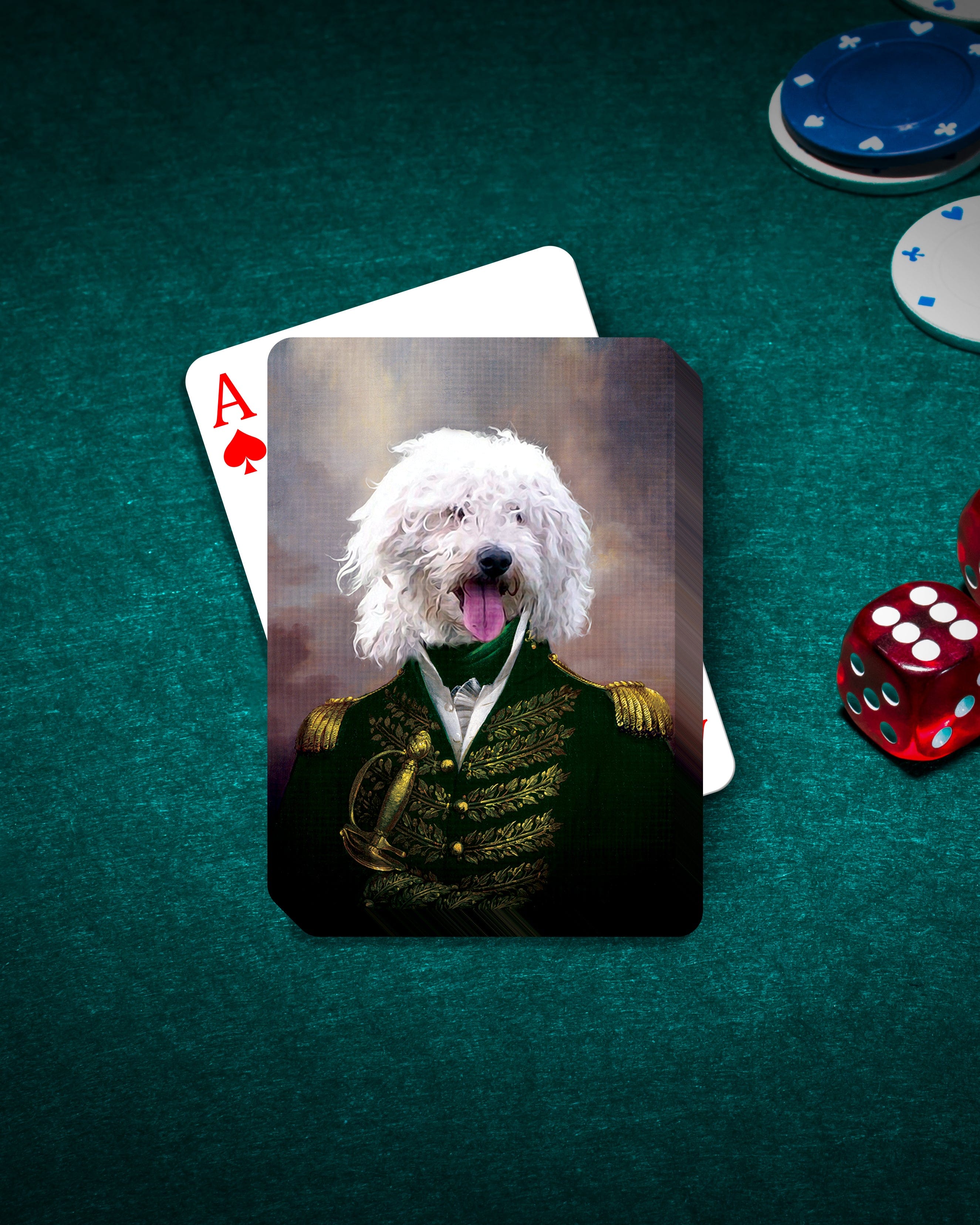 Personalized pet playing cards featuring a white dog in a green Admiral's uniform on a poker table.