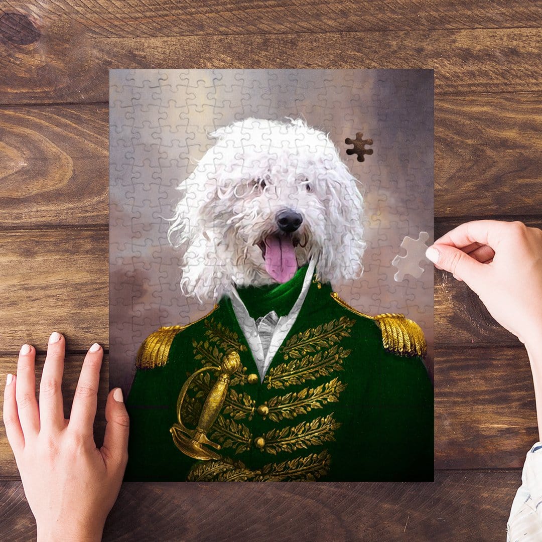Personalized 'Green Admiral' puzzle featuring a white dog in a royal green military uniform.