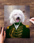 Personalized 'Green Admiral' puzzle featuring a white dog in a royal green military uniform.