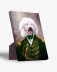 White fluffy dog in a green and gold admiral uniform on a standing canvas.