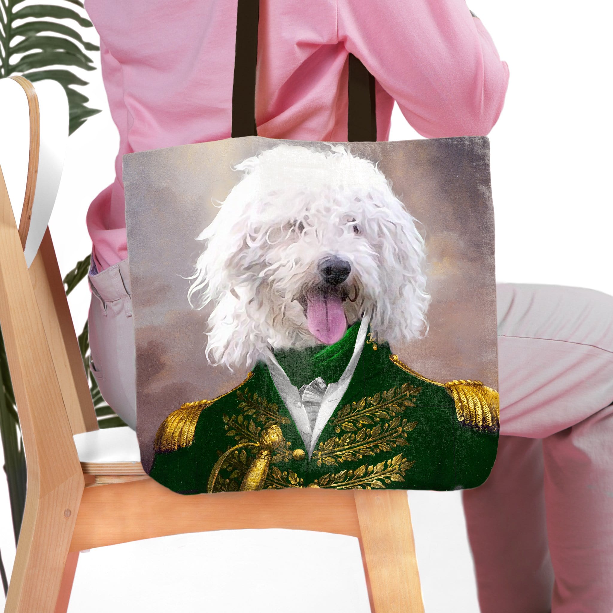 Personalized 'Green Admiral' tote bag with a custom renaissance portrait of a white fluffy dog.