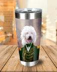 Personalized stainless steel tumbler with a white fluffy dog in a green admiral uniform portrait.