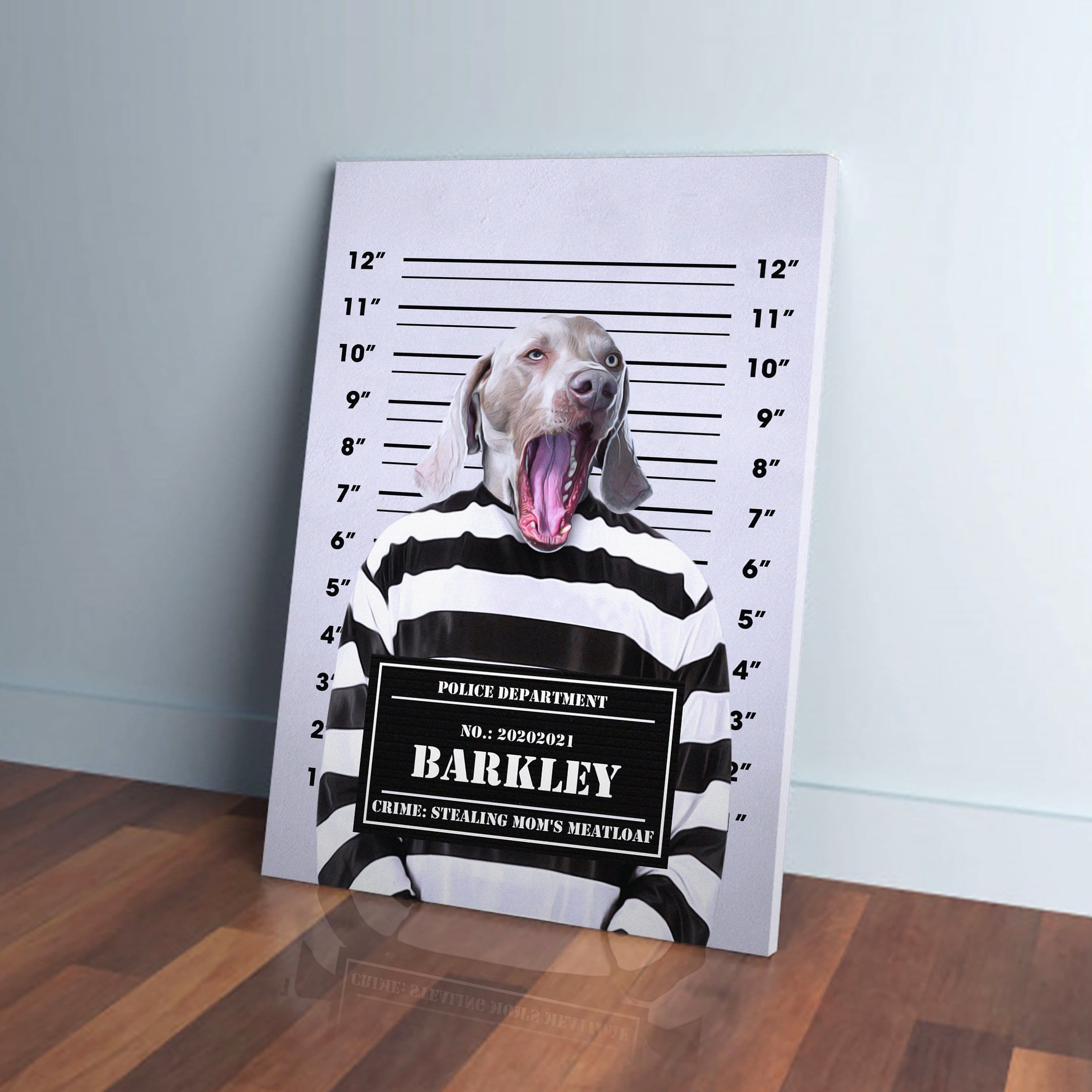 Personalized 'Guilty Doggo' canvas featuring a Weimaraner in a striped prison uniform on a mugshot background.
