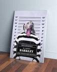 Personalized 'Guilty Doggo' canvas featuring a Weimaraner in a striped prison uniform on a mugshot background.