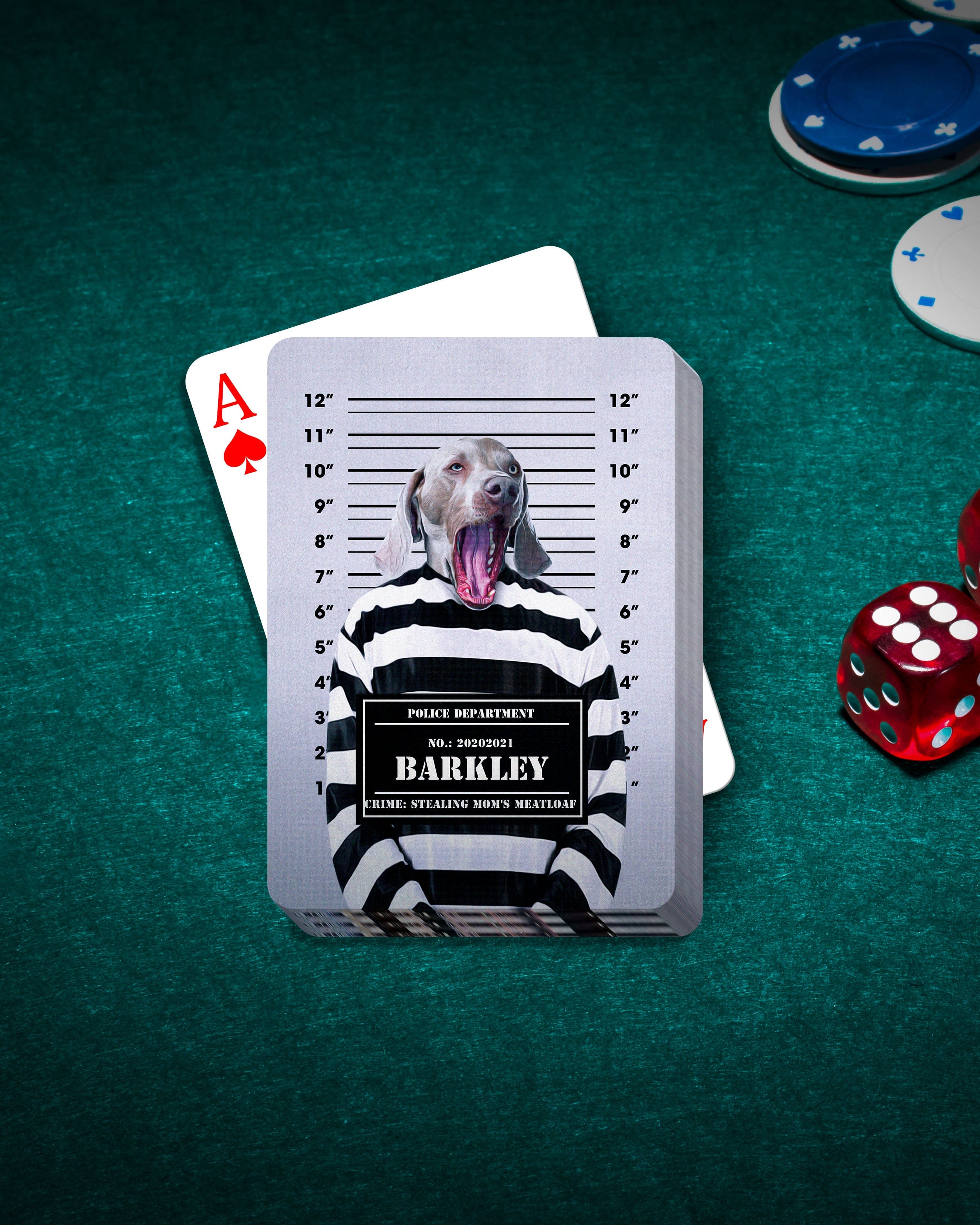 Custom personalized playing cards featuring a dog in a "guilty doggo" mugshot style.