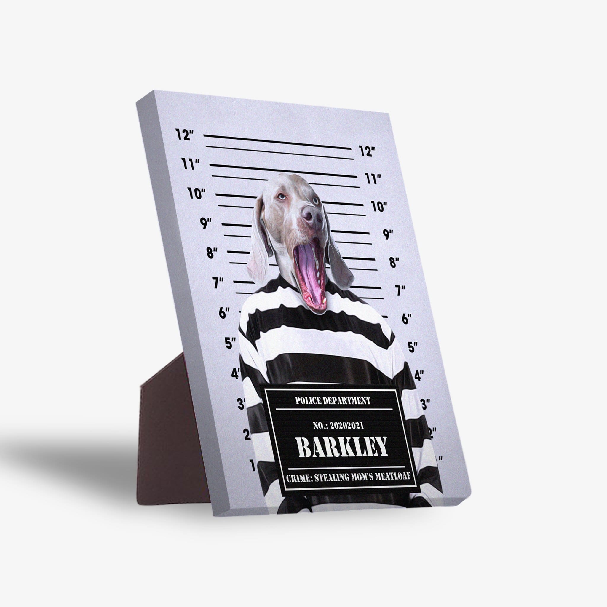 Personalized "Guilty Doggo" standing canvas featuring a Weimaraner in a striped prison uniform against a mugshot backdrop.