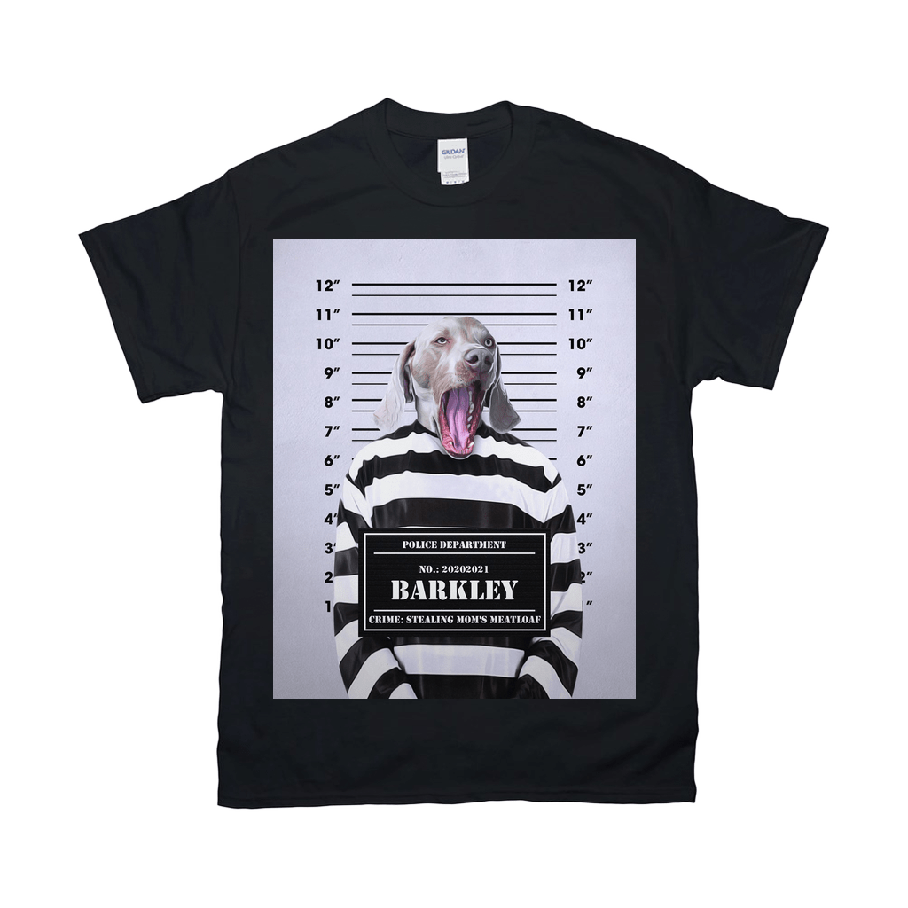 Black Gildan t-shirt with a personalized mugshot design of a Weimaraner dog in a striped prison uniform.