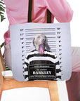 Personalized "Guilty Doggo" tote bag featuring a custom pet portrait of a Weimaraner in a mugshot style.