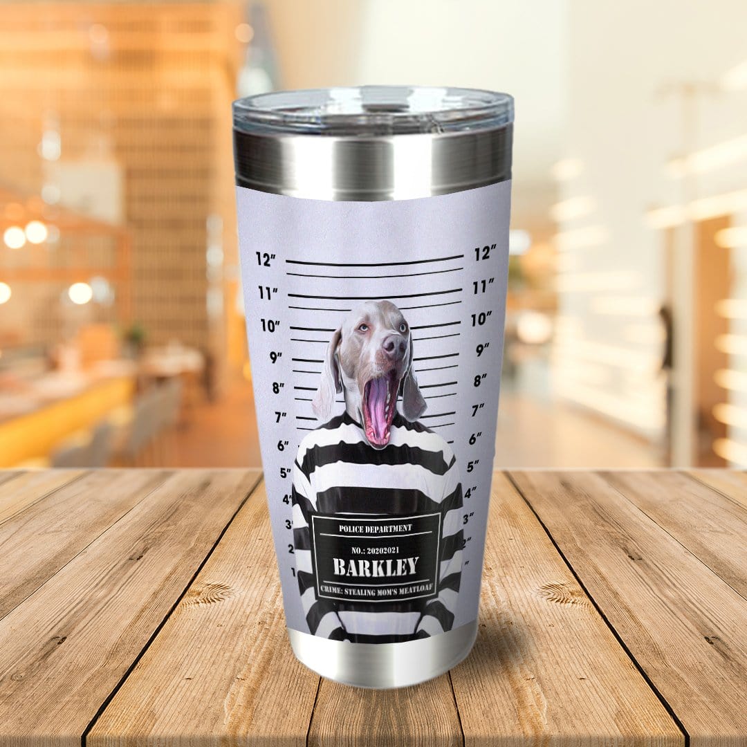 Personalized stainless steel tumbler with a custom dog portrait in a mugshot style, featuring a Weimaraner.