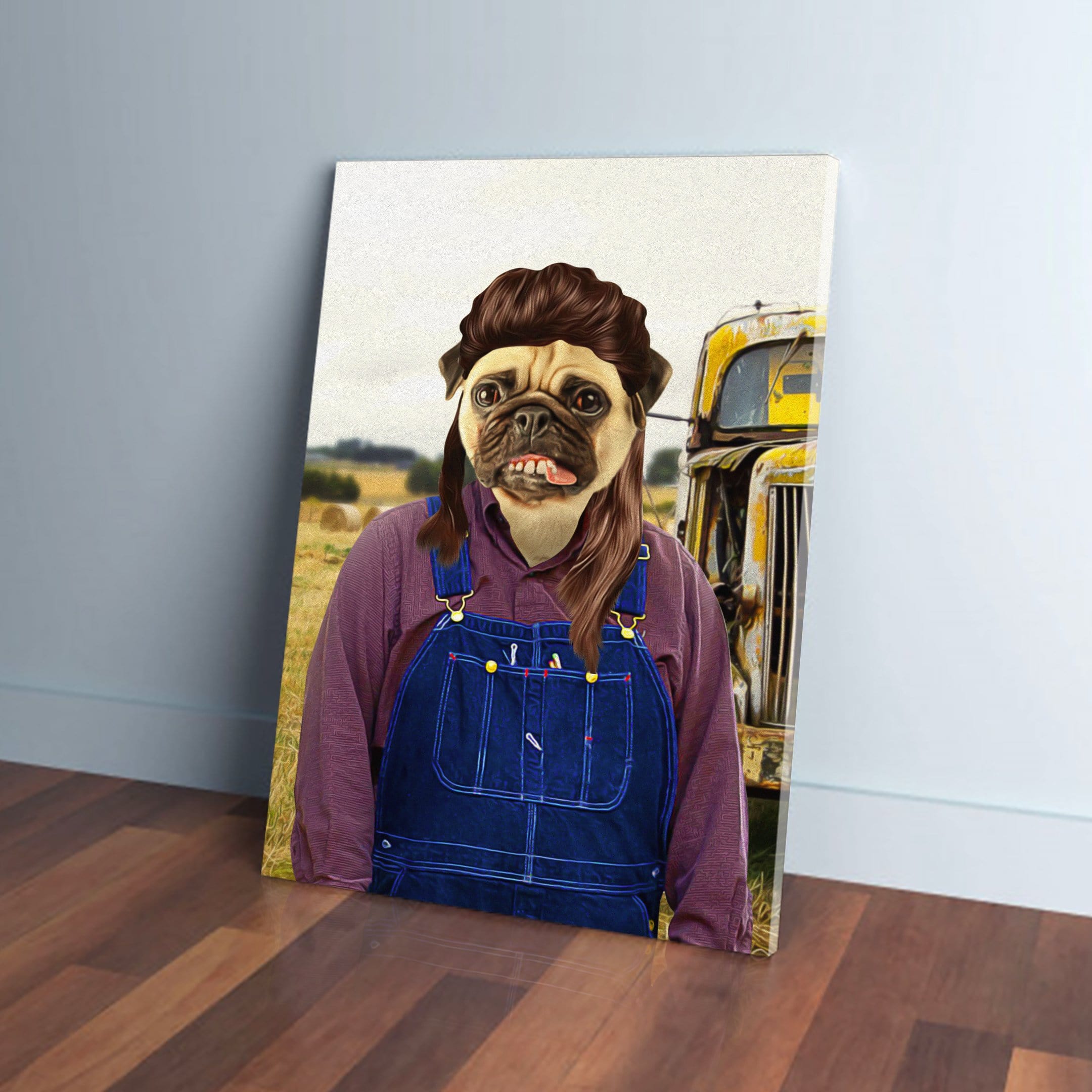 Custom pet canvas featuring a pug in a "Hillbilly" outfit: purple shirt, blue overalls, and a mullet.