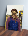 Custom pet canvas featuring a pug in a "Hillbilly" outfit: purple shirt, blue overalls, and a mullet.
