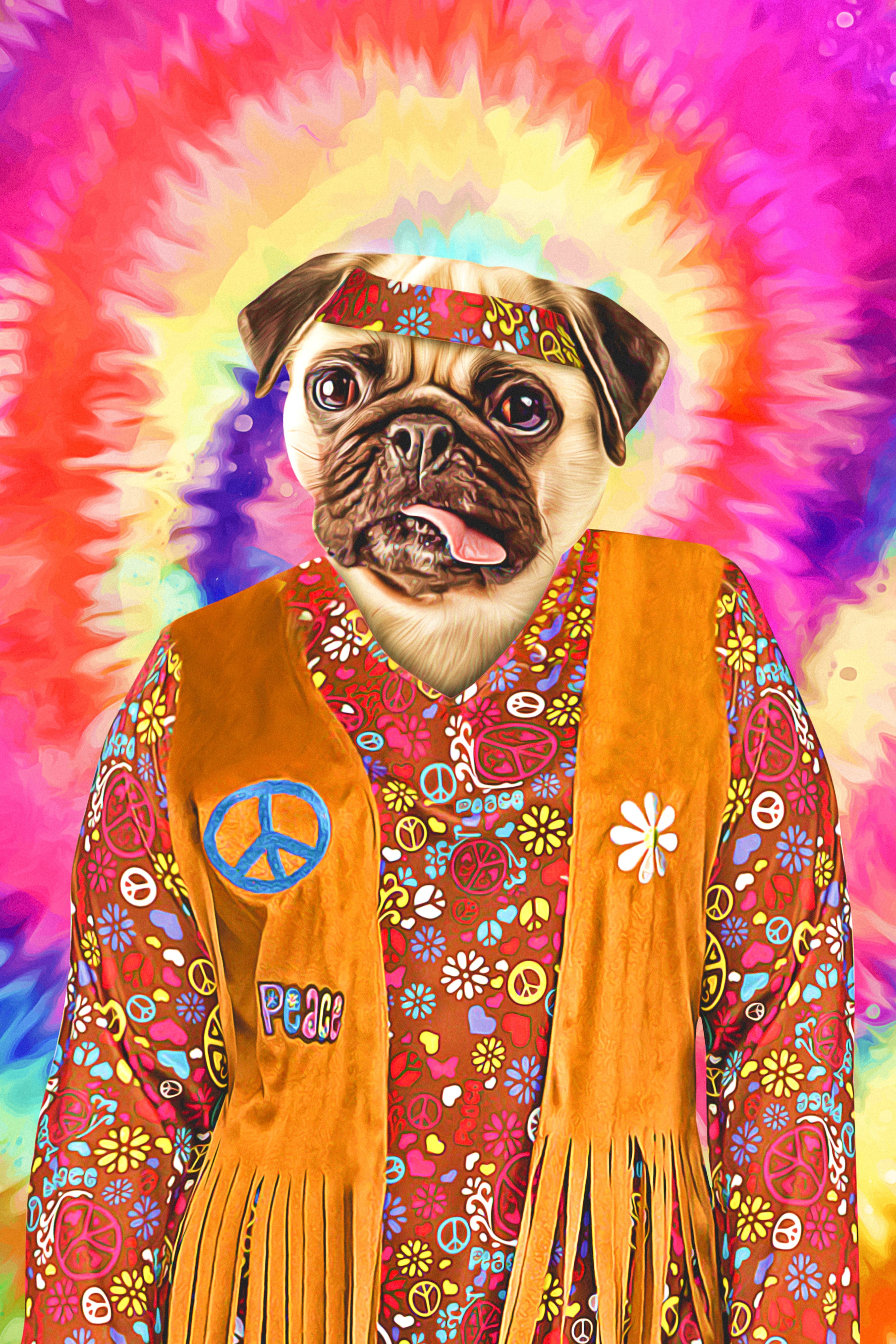 Personalized digital portrait of a pug dressed as a female hippie on a tie-dye background.
