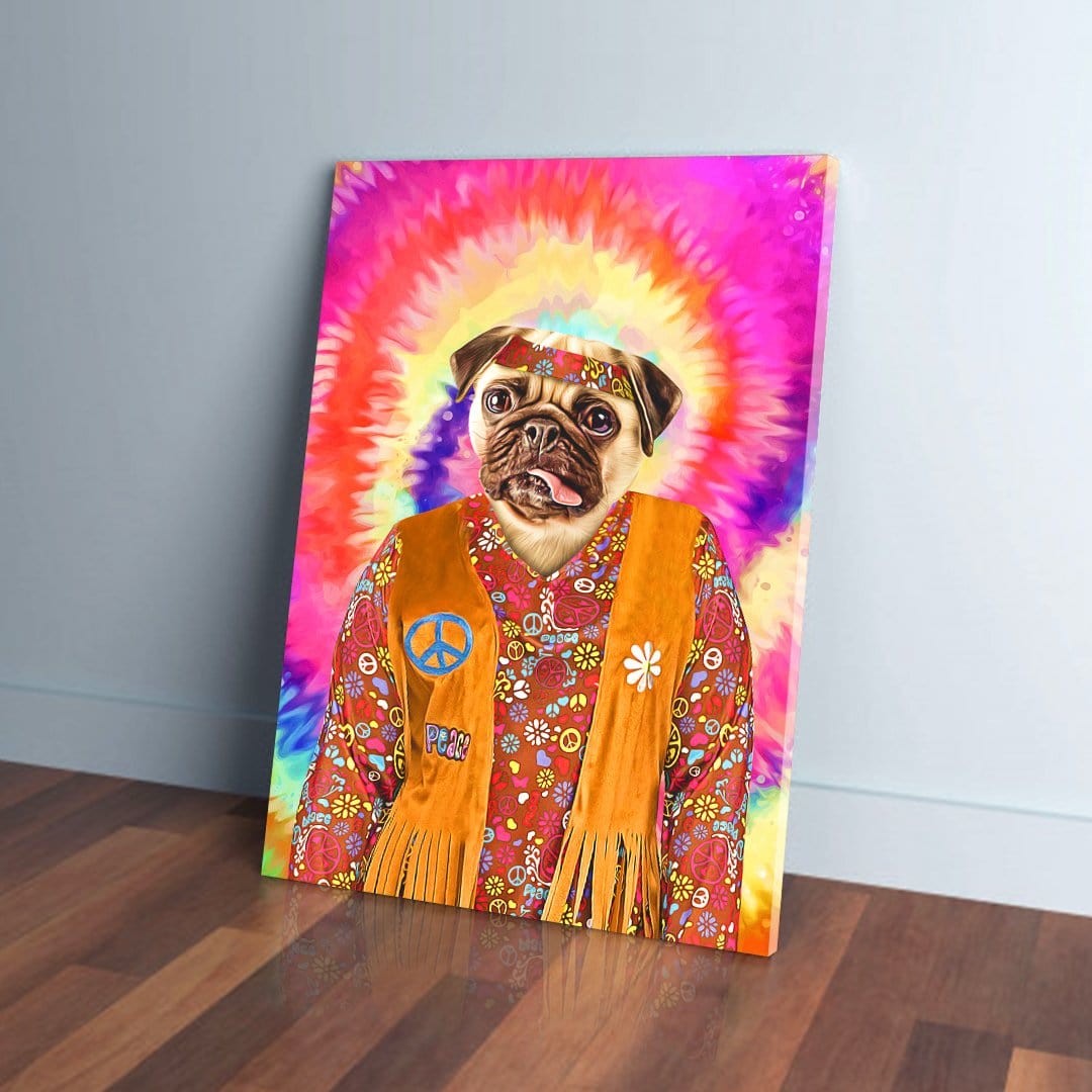 Custom pug portrait on canvas, dressed as a female hippie with a colorful tie-dye background.