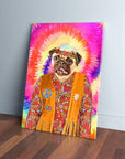 Custom pug portrait on canvas, dressed as a female hippie with a colorful tie-dye background.