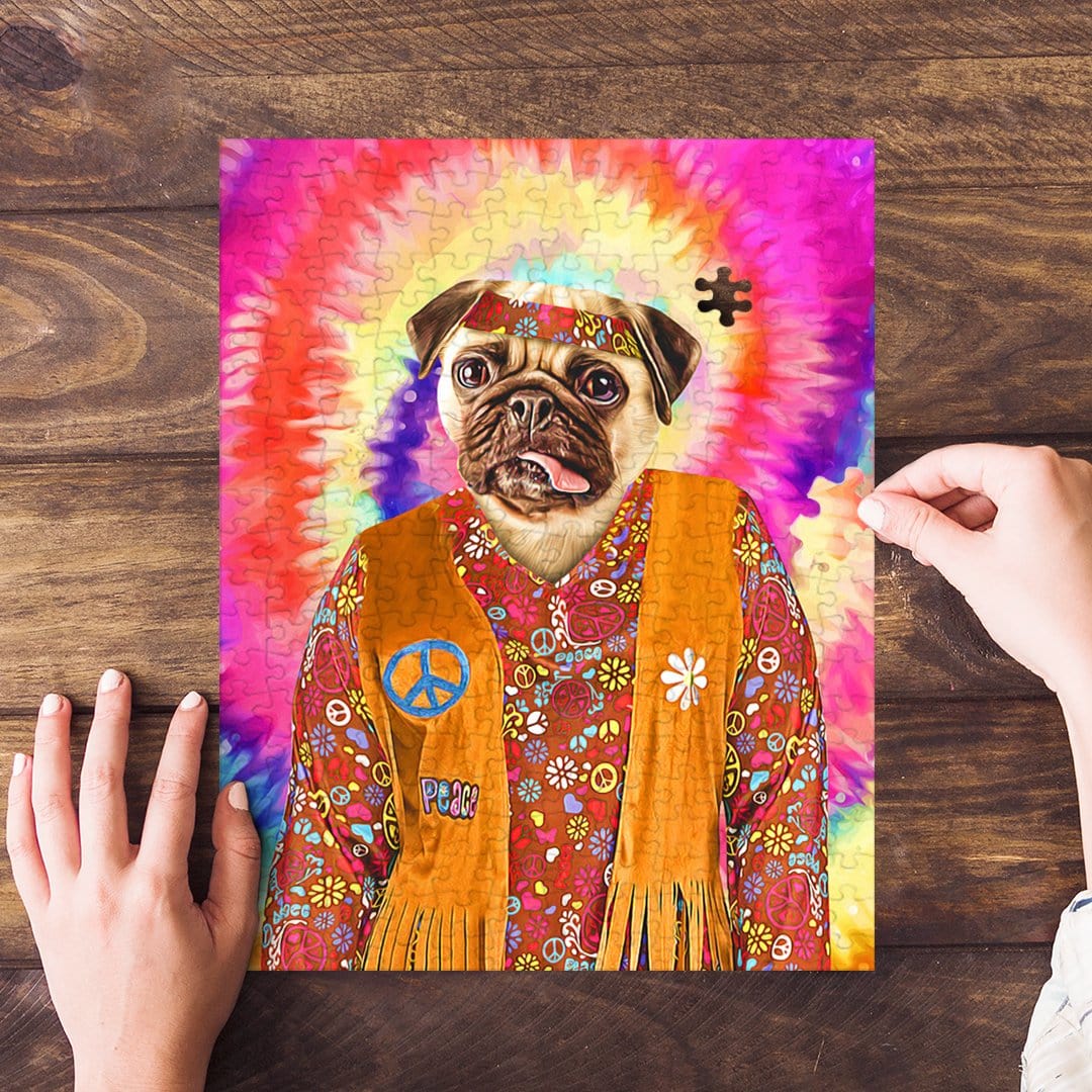 Personalized pet puzzle featuring a pug in a 'Hippie (Female)' outfit against a tie-dye background.