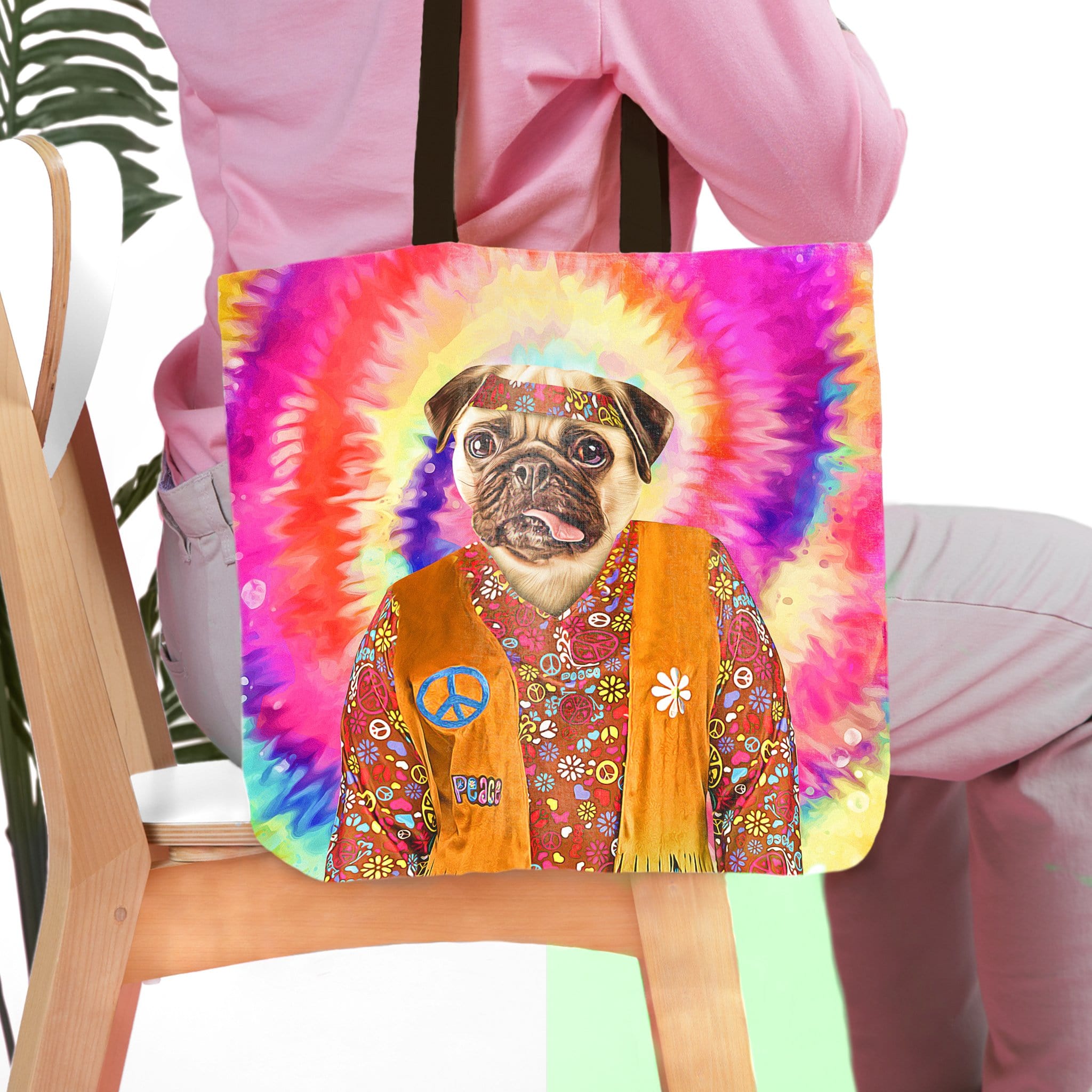 Personalized 'The Hippie (Female)' tote bag with a pug pet portrait on a colorful tie-dye background.