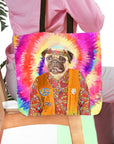 Personalized 'The Hippie (Female)' tote bag with a pug pet portrait on a colorful tie-dye background.
