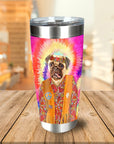 Personalized stainless steel tumbler with a pug pet portrait in a "Hippie" costume on a tie-dye background.