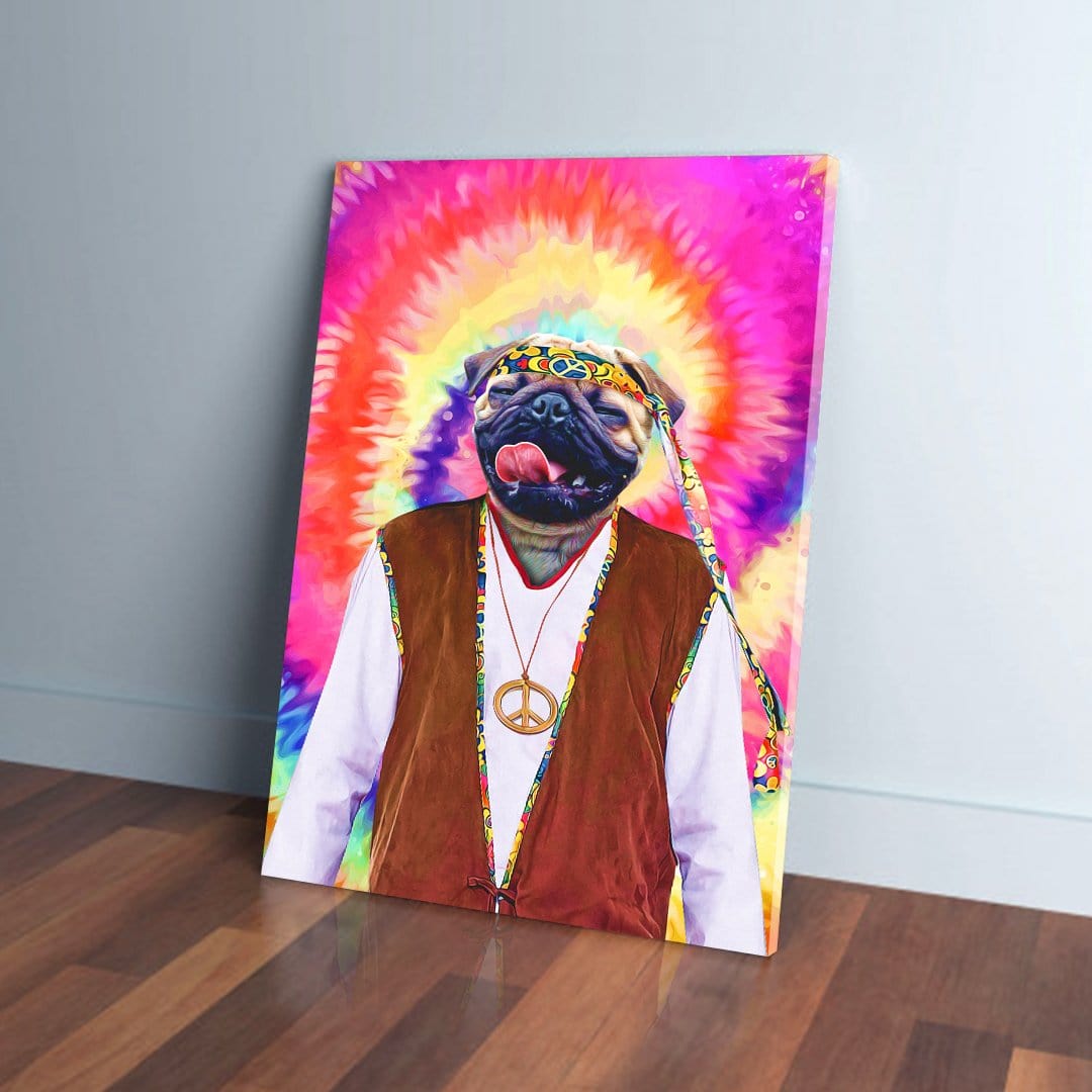 Personalized "The Hippie" canvas featuring a pug in a brown vest, white shirt, peace sign necklace, and tie-dye headband against a vibrant background.