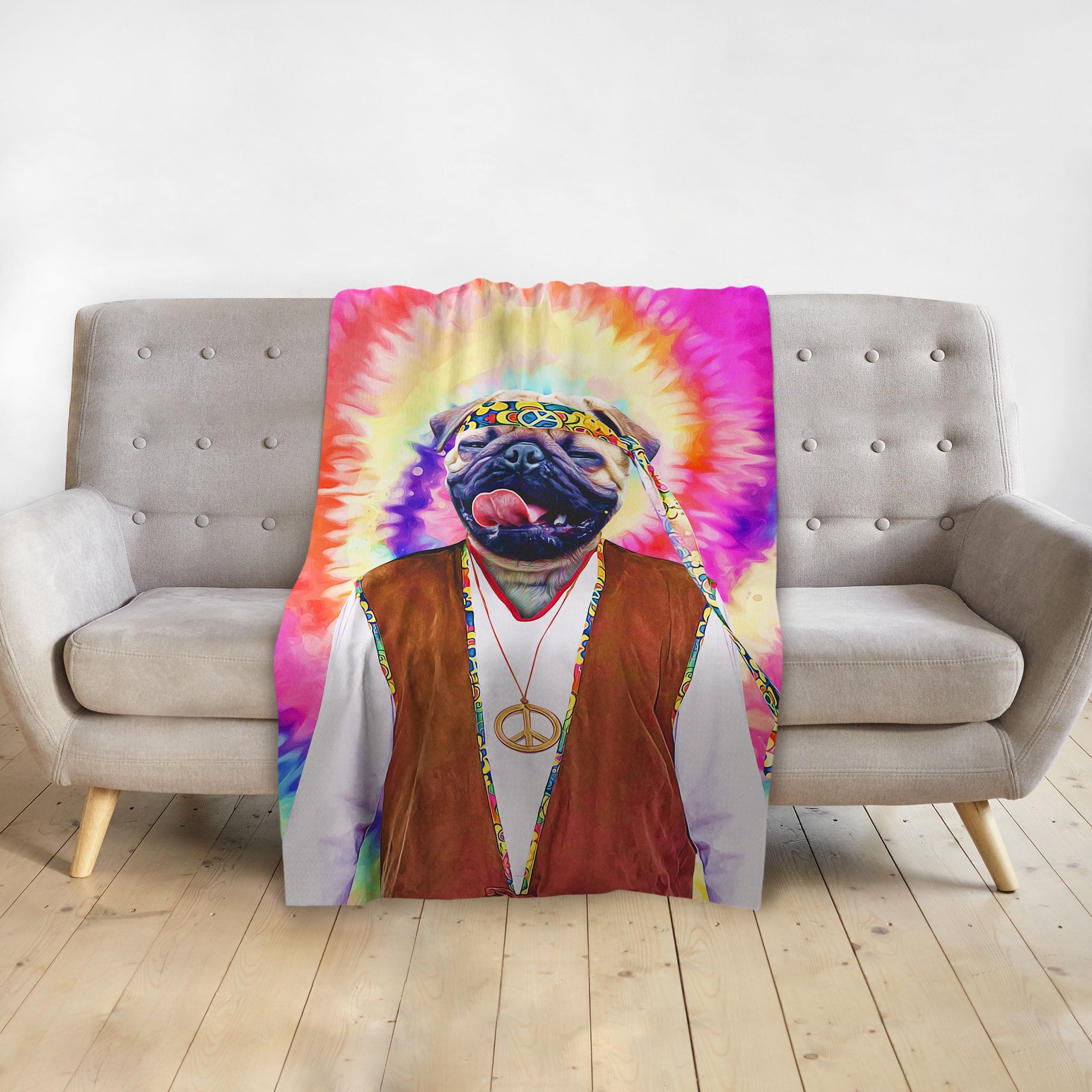 Personalized pet blanket with a pug in a hippie portrait on a vibrant tie-dye background.