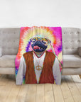 Personalized pet blanket with a pug in a hippie portrait on a vibrant tie-dye background.
